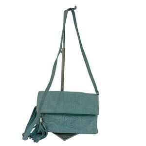 Borse In Pelle Crossbody Handbag Turquoise Leather Italy Swirl Embossed Tassel